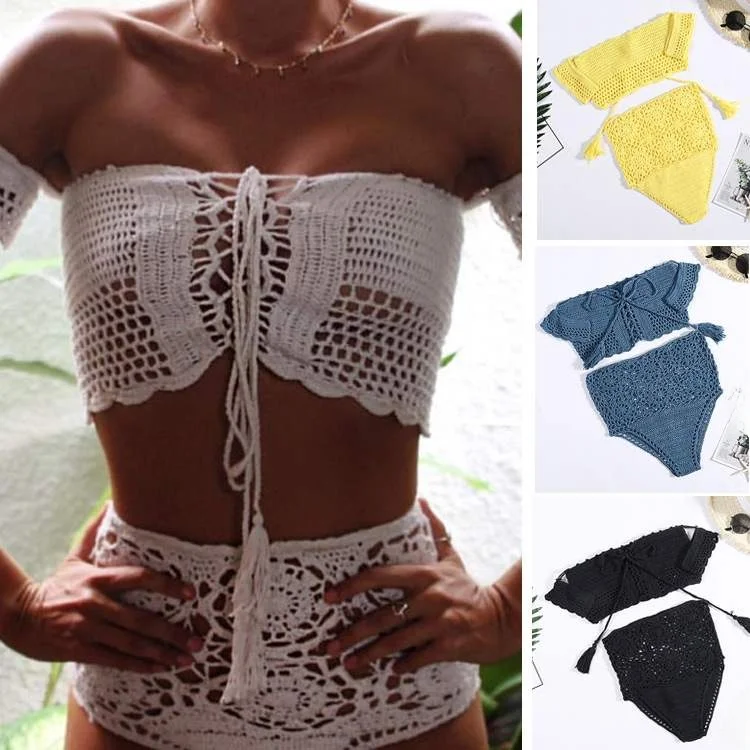 

Summer Hand Knitted Pure Hollow out Bikini Set Sexy Knitwear Crossbody Swimsuit Pure Beau Women's Sport Fitn Fan Gear