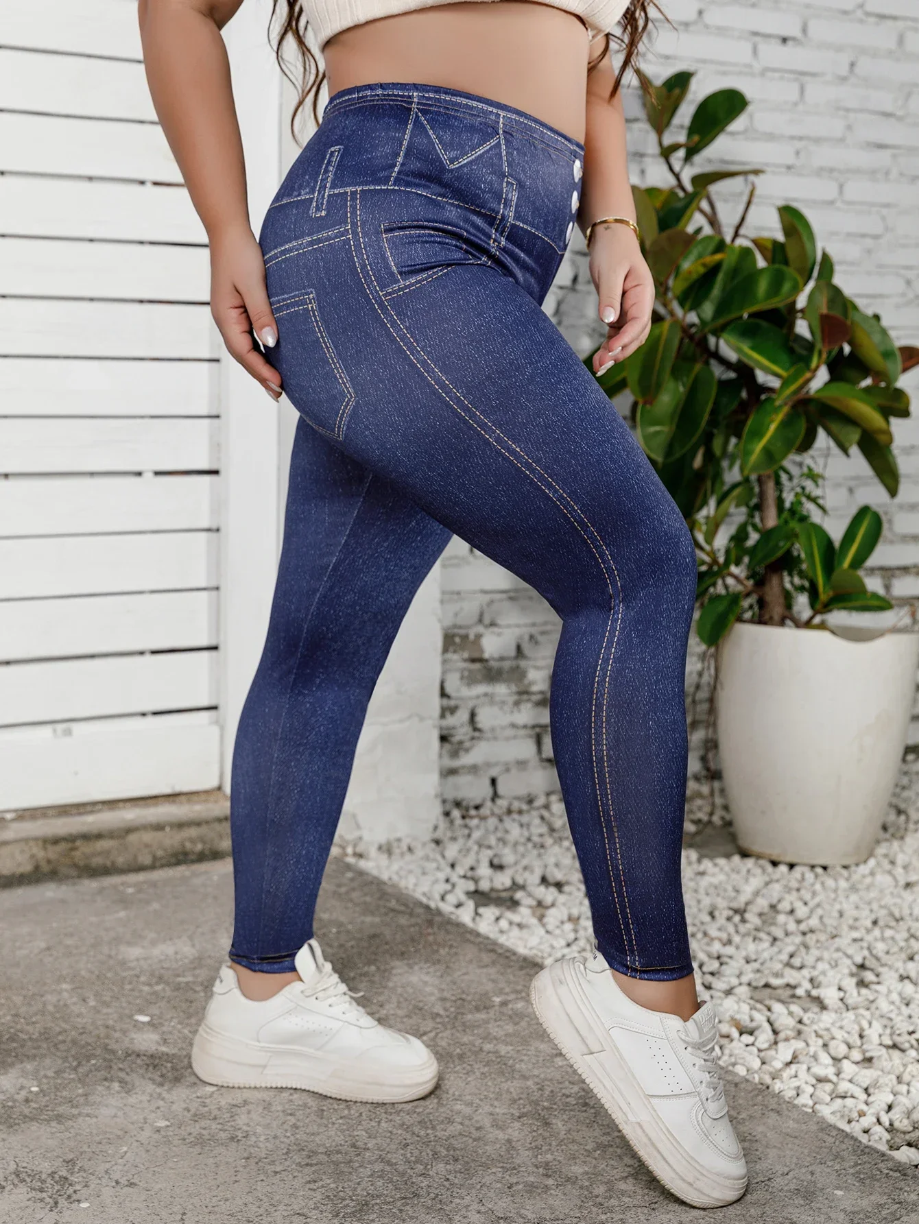 Plus Size Women\'s Long Leggings with Faux Denim Print Stretch Mid-Rise Skinny Pants Vintage Comfort Casual Comfortable Trousers