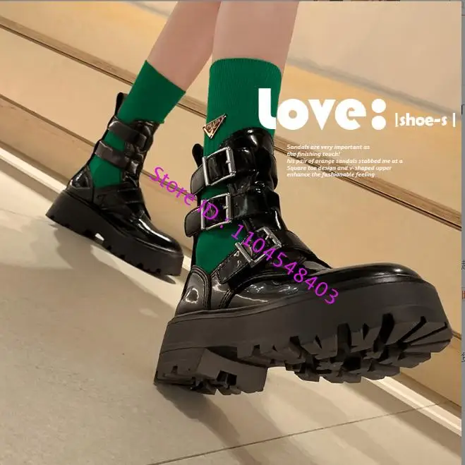 

Luxury Gladiator Buckle Round Toe Design Boots Lady Patent Leather Ankle Boots Women Casual Fashion Belts Buckle Black Boots