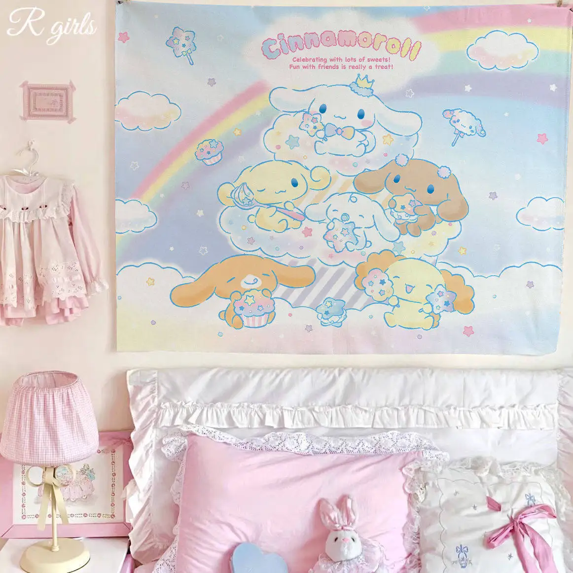 Kawaii Niedlicher Cinnamoroll Wandteppich Kawaii Anime Wandbehang Dekoration Mädchenherz Bedruckter Wandteppich Super Süße Dekoration