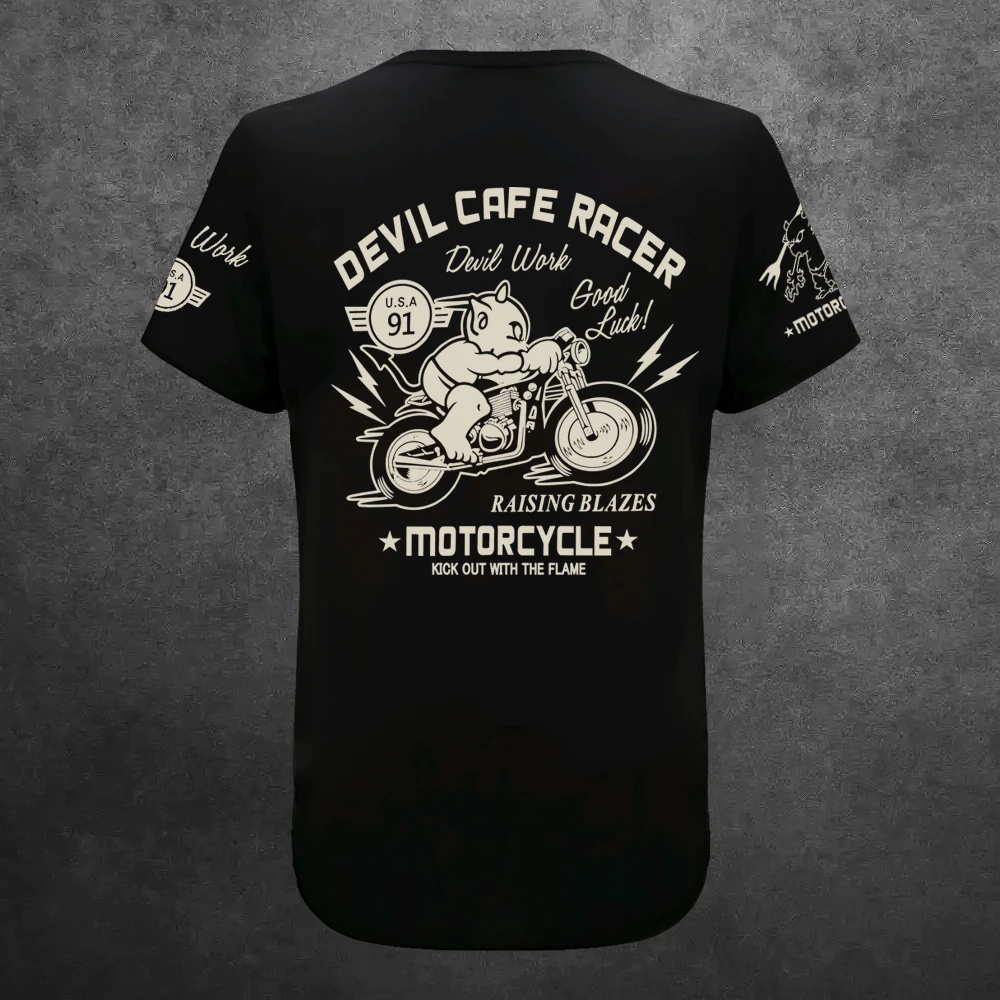 Vintage Men T Shirt Motorcycle Racing Tattoo Devil Cartoon Printing Hip Hop Summer Casual Streetwear Short Sleeve Tees