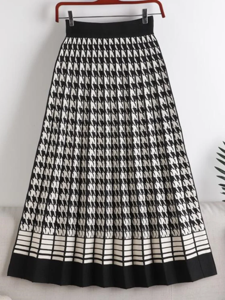 Elegant Mid-Length Pleated Knitted Skirt Women 2024 New Autumn Winter Korean A Line High Waist Houndstooth Skirt Female Ladies