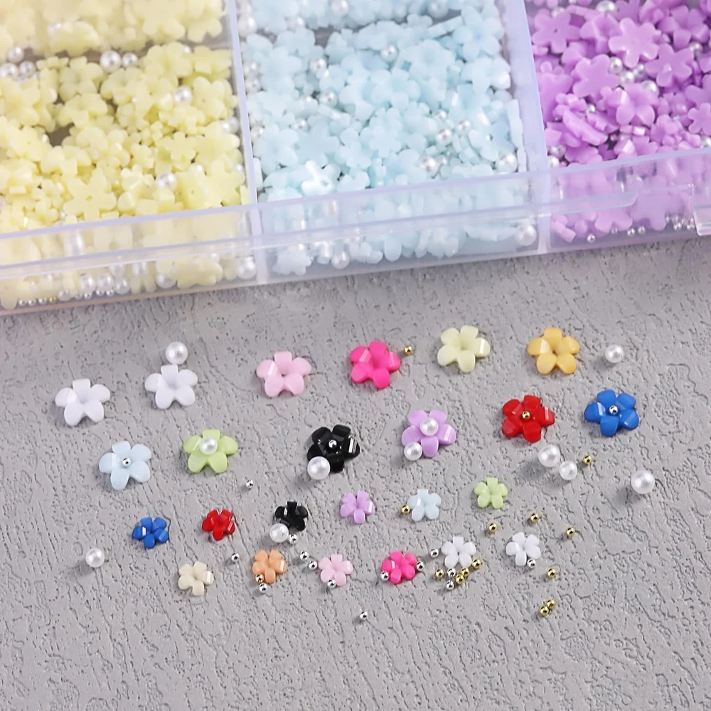 Grote doos 3D Leuke Kleurrijke Acryl Bloemen Nagel Charmes Mix Kaviaar Kralen & Parels 3/6mm Vijf-Bloemblaadje Nagelsteentjes Hars Bloem Bl