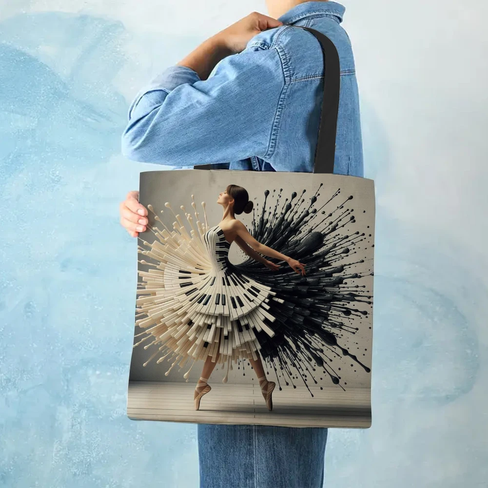 4pcs Piano Girl Large Capacity Linen Tote Bag
