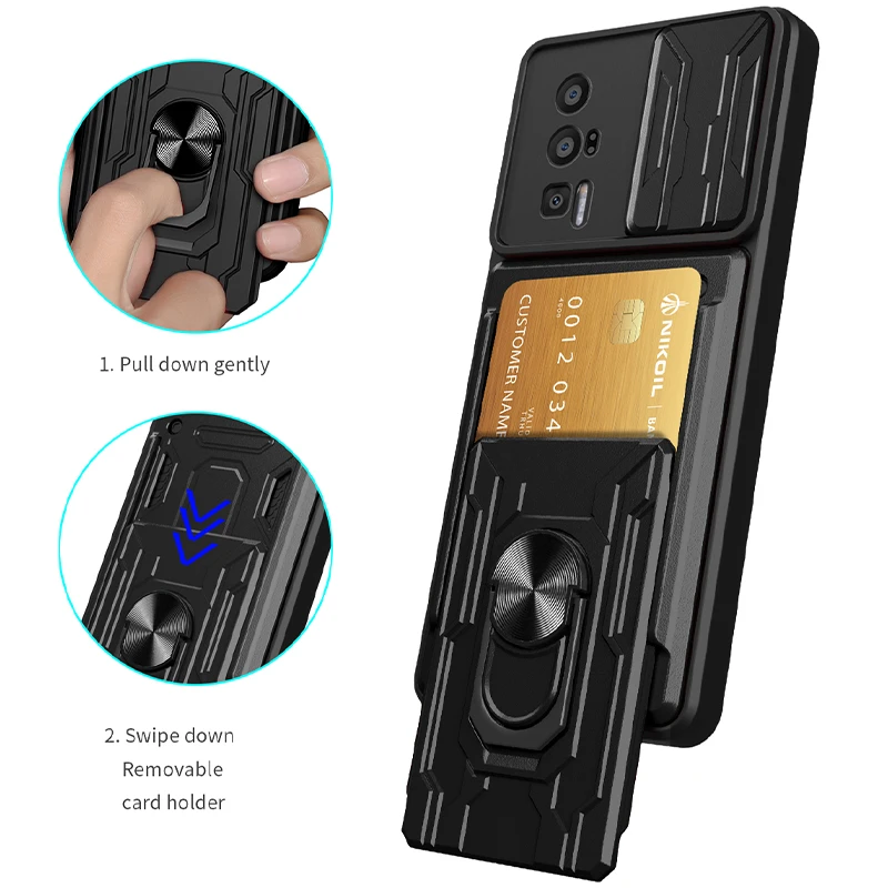 For Xiaomi Poco F5 Pro Case Card Slot Slide Lens Armor Phone Case for PocoF5pro Poko Little F5Pro F5 F 5 Pro 5G Stand Back Cover