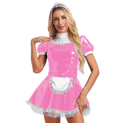 Women Halloween Maid Cosplay Costume Glossy Patent Leather Dress with Lace Headband Apron Nightwear Theme Party Roleplay Clothes