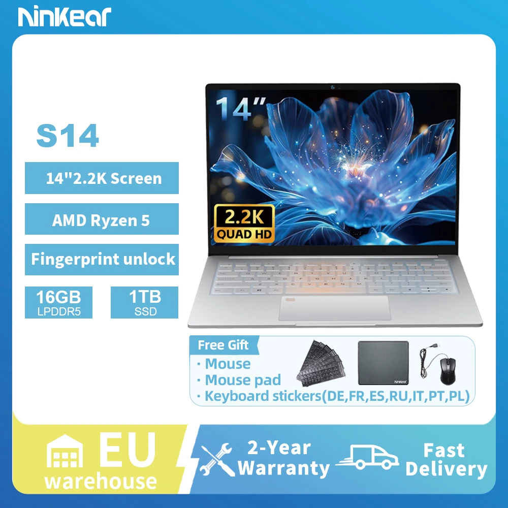 Ninkear S14 Laptop AMD Ryzen ™   14 inch 2.2K scherm, 16GB LPDDR5, 1TB SSD, Wifi 6, vingerafdrukscanner, computer notebook