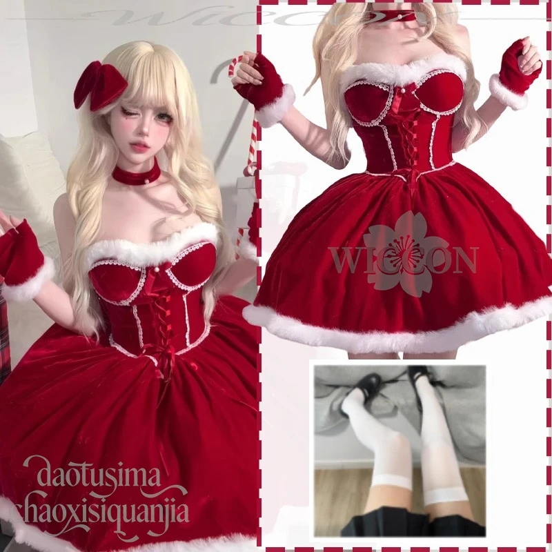 

Милое красное бархатное платье без бретелек Jirai Kei для девочек, аниме, косплей, горничная, сладкий бант в стиле Лолиты, рождественская вечеринка, оригинальный дизайн
