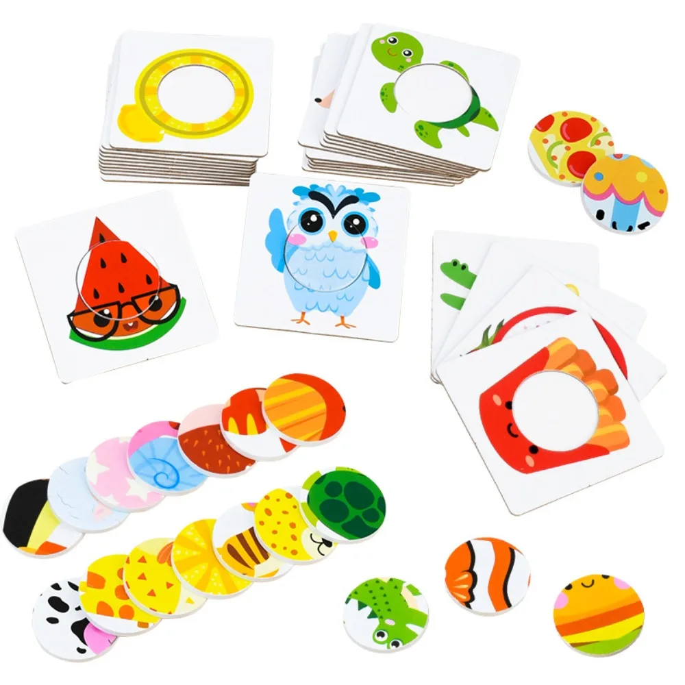 

Paper Kids Wooden Matching Toys Food Cognitive Montessori 3D Puzzle Board Game Animal Pattern Portable Graph Card Matching Games