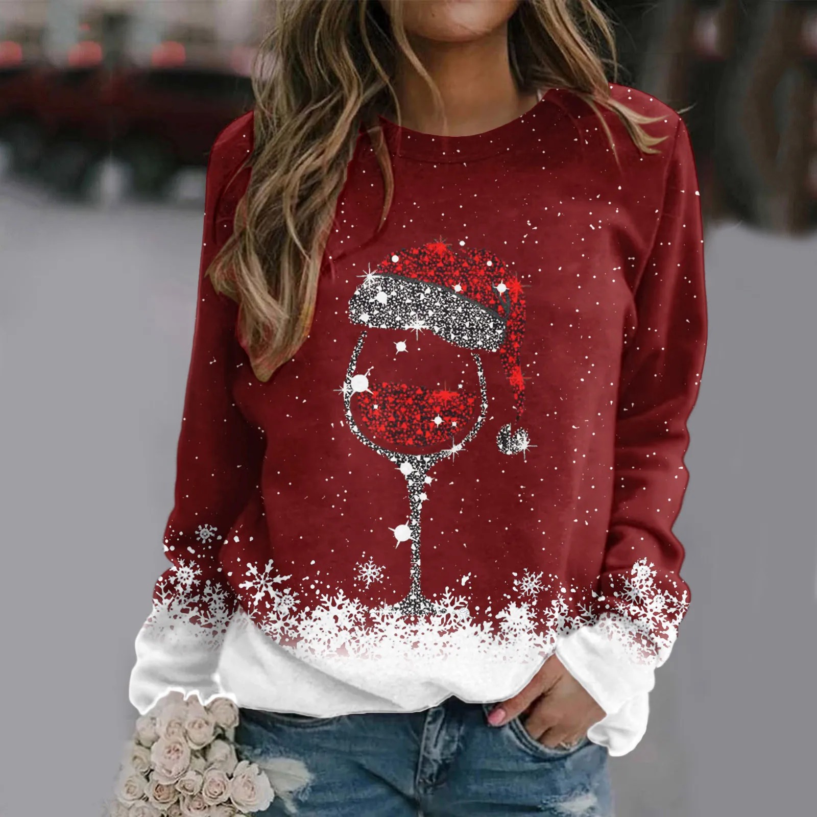 Women Hoodie Tops Christmas Long Sleeve O-Neck Pullovers Sweater Autumn Long Sleeve O-Neck Red Hat Wine Glass Print Sweatshirts