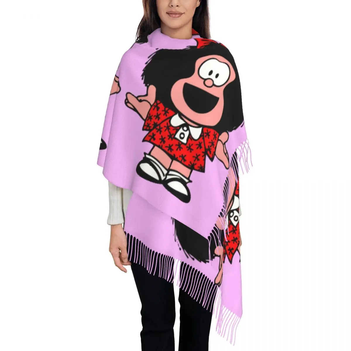 

Custom Ladies Large Funny Mafaldas Quino Comics Argentina Cartoon Scarves Women Winter Fall Soft Warm Tassel Shawl Wrap Scarf