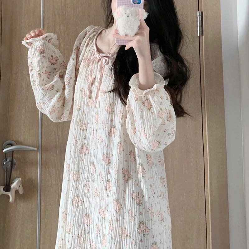 Floral Women Nightgown Korean Sleepwear Square Collar Nightwear Ruffle One Piece Pajamas Ruffles Autumn Sleeping Night Dress New