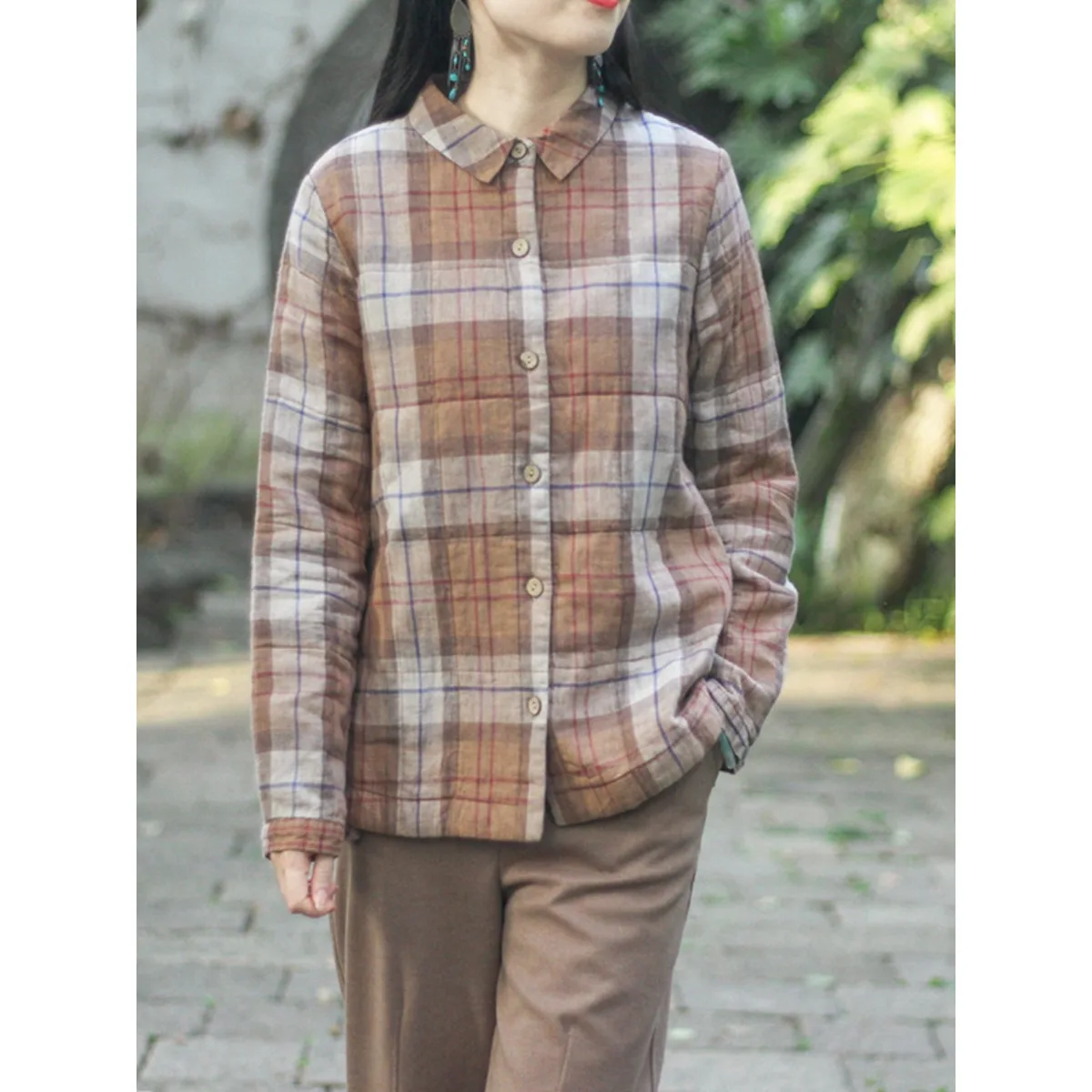 

Plaid Loose Long Sve irt Thiened Cotton Inner Retro Sle Autumn Winter High End Faion Women's Collar...