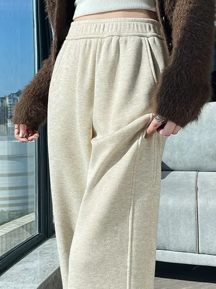 ملابس الثلوج فضفاضة مستقيمة السراويل الكورية موضة مرونة عالية الخصر المخملية اصطف Sweatpants المرأة عادية رشاقته الدافئة Pantalones