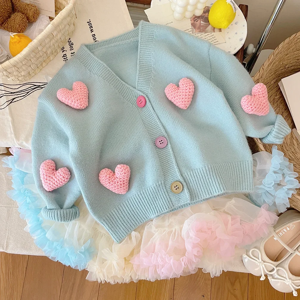 Children\'s Sweaters Love Decorated Girl\'s Knitted Cardigan Girls Winter Clothes Sweater Korean Style Toddler Girl Winter Clothes