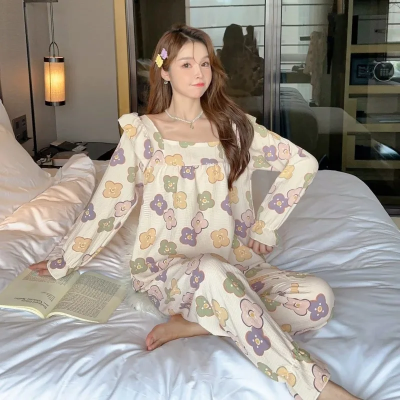 Pajamas Women 2024 Spring Autumn Student Casual Sweet Little Flower Printed Homewear Suit Loose Square Collar Sleepwear Set