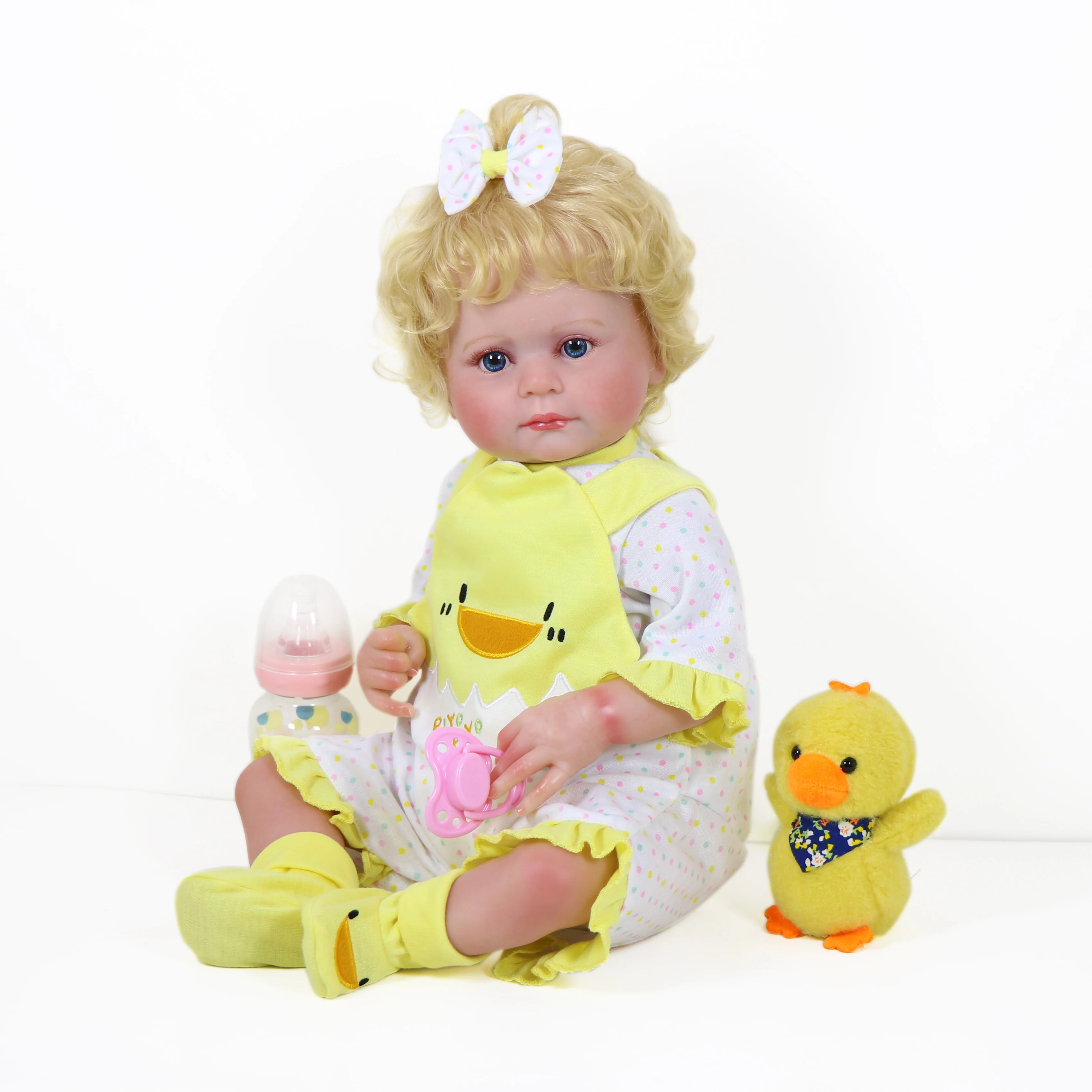 21 inch Piyo Piyo with 3D Painted Skin Visible Veins and Rooted Blond Hair, Soft Fabric Body with Embroidered Duckling