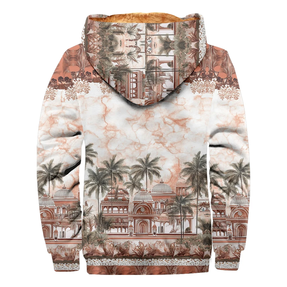 Large Size Men's Short Zipper Hooded Winter Warm Fleece Jacket,Unique Coastal Castle Coconut Trees Print Hoodie Fashion Jacket