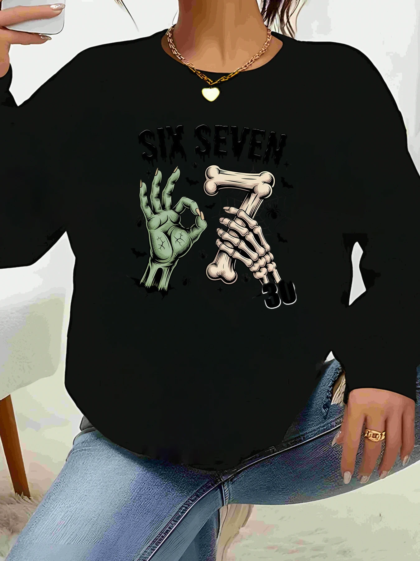 الهيكل العظمي اليد ستة سبعة هالوين طباعة طويلة الأكمام سترة ملابس غير رسمية النساء #1