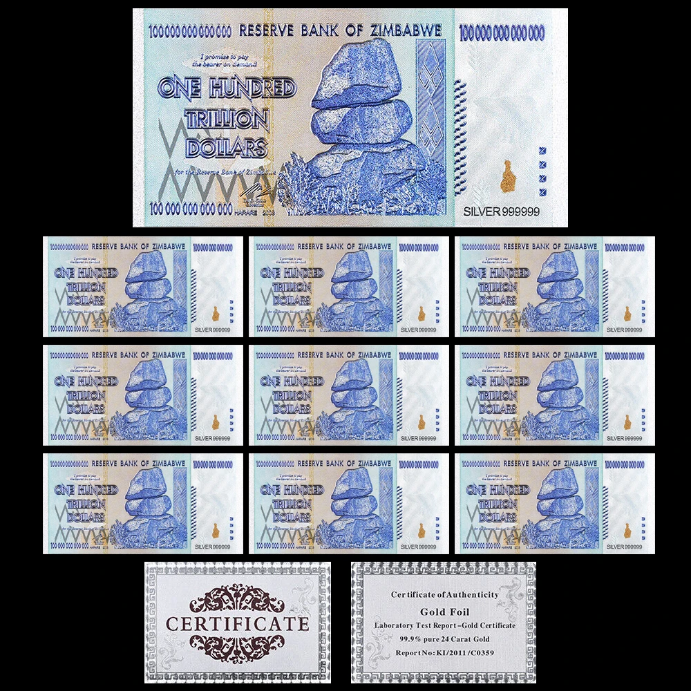 

One Hundred Trillion Dallrs Zimbaber Silver Foil Banknotes with Certificate Collect Gifts Zimbabwe Money