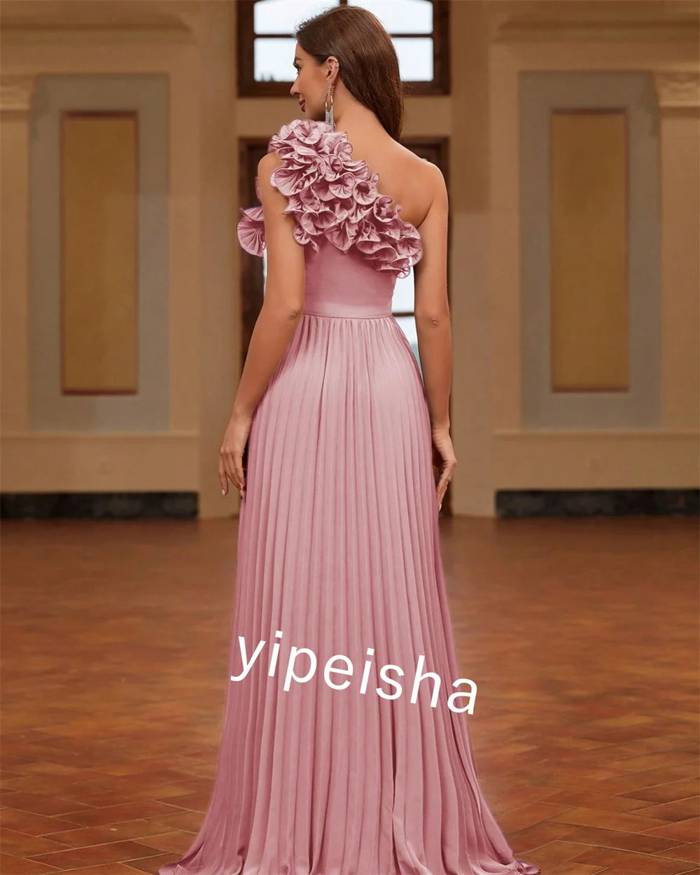 Customized Jersey Pleat Flower Celebrity Sheath One-shoulder  Bespoke Occasion Gown Long Dresses