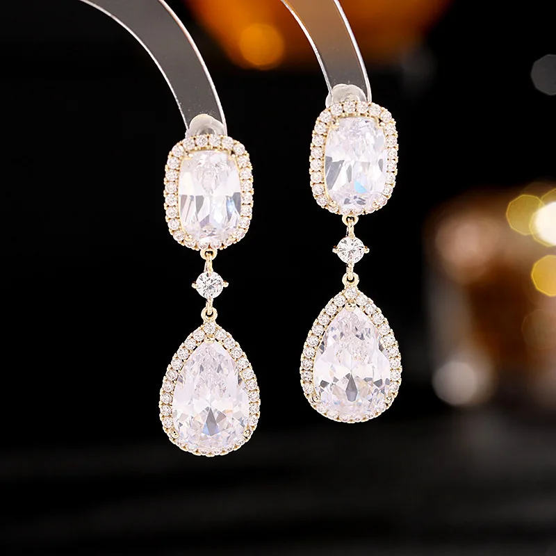 

Bilincolor Light Luxury Bridal Dress Zircon Court Style Water Drop Earrings for Women