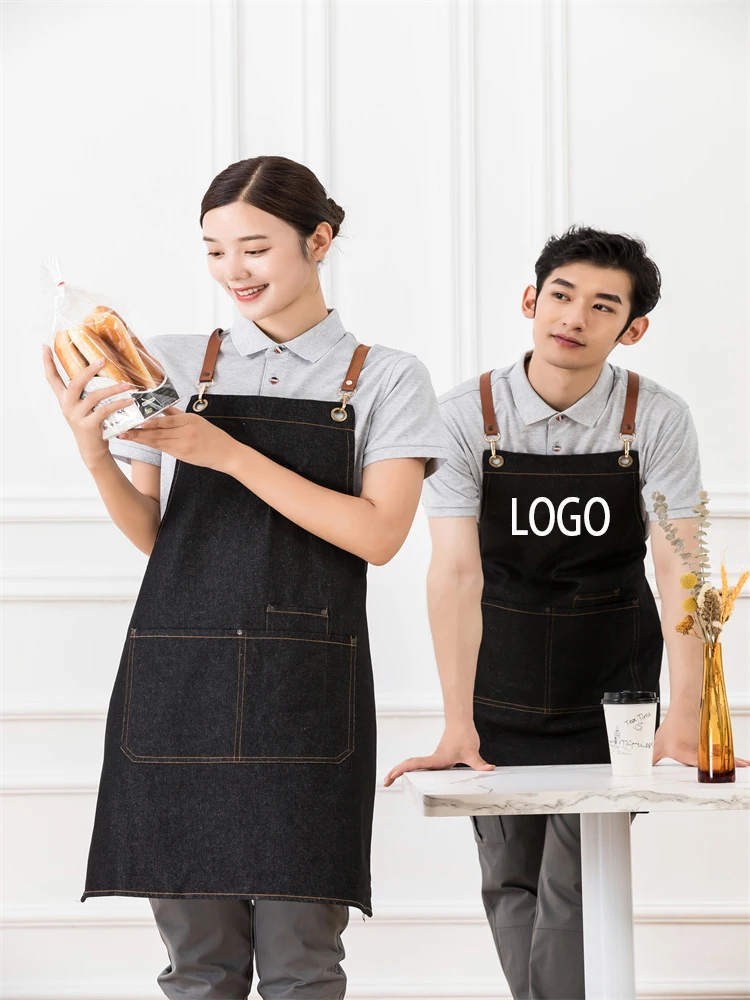 Washable No Fading Denim Apron Customize Logo Kitchen Cooking Pinafore Fast Food Coffee Pet Barber Shop Server Carpenter Uniform