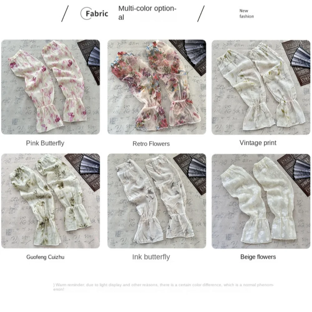 Dunne zoete Chinese stijl mouwen bloem anti-uv chiffon zonnebrandcrème armhoezen elastische fietshandschoenen met lange mouwen dames