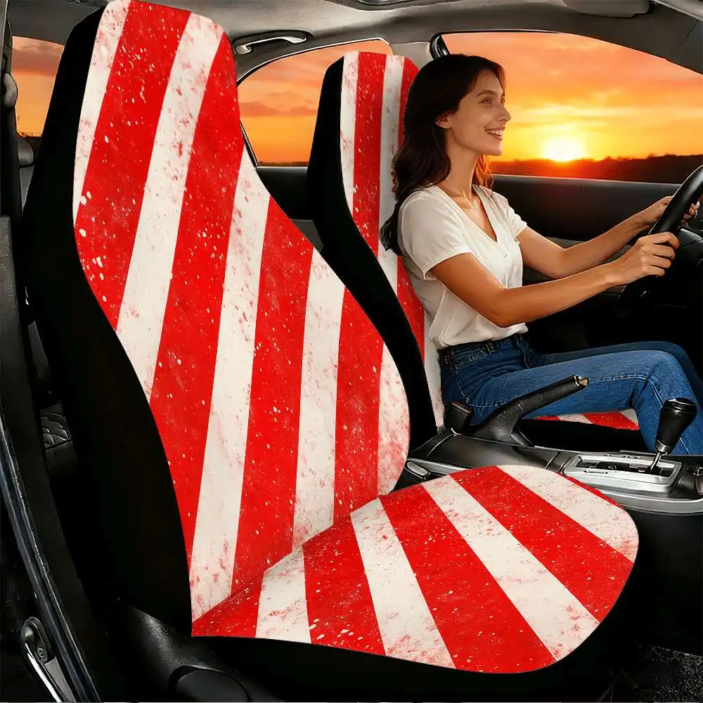 2pcs Red And White Candy Cane Stripes Car Seat Covers | High Back Design, Polyester Material, Universal Fit For Cars, SUVs, And