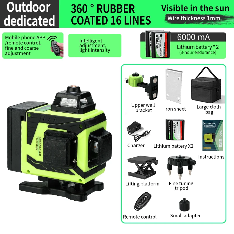 4D 16 Lines Mini Green Laser Level SelfLeveling 360 Horizontal And Vertical Adjustable Light Super Powerful Green Laser Level