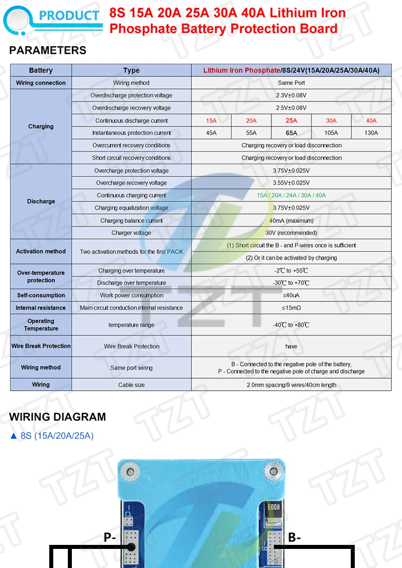 TZT BMS 8S 24V 15A 20A 25A 30A 40A LiFePo4 Batterie-Ladeschutzplatine mit Balancing und NTC-Temperaturschutz (gemeinsam) – Detail 1