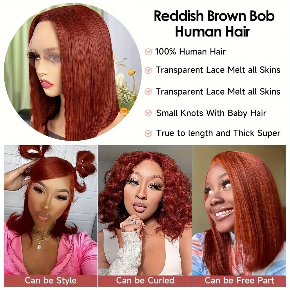 8-14 pouces # 33 perruque Bob courte droite brun rougeâtre 13x4 perruque frontale en dentelle transparente 100% perruque de cheveux humains brésiliens 180 densité