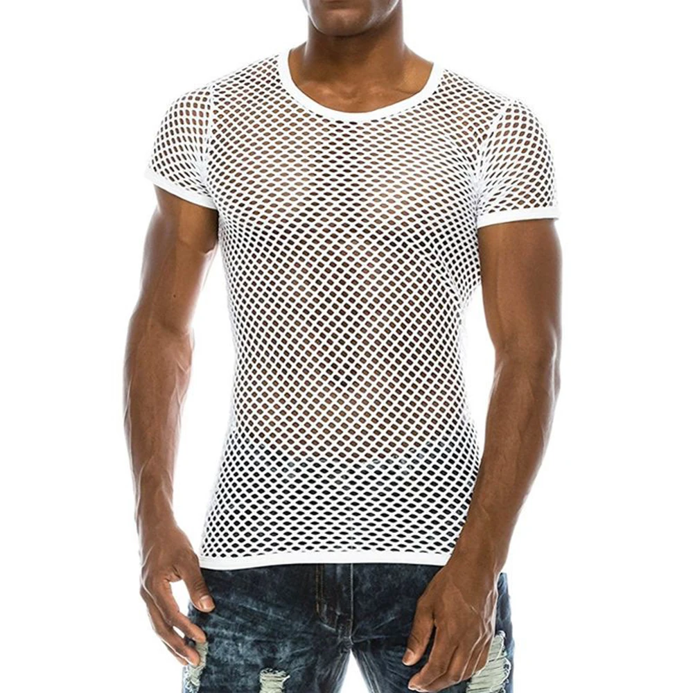 Mens Sexy Perspective Personalized Hollow Mesh T-shirt Genderless 2024 Summer New Personalized Niche Simple Home Pajamas Unisex