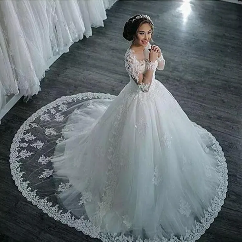 Customized Ball Gown Wedding Dresses Vestido De Noiva Long Sleeves Fashion Lace Court Train Princess Bridal Gowns Formal image 3