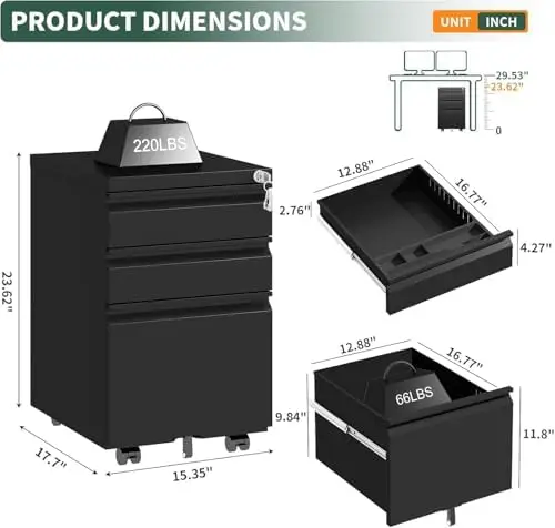 3 Drawer File Cabinet with Lock,Under Desk Filing Cabinet for Home Office Storage Letter/Legal/A4,Mobile Steel Cabinets