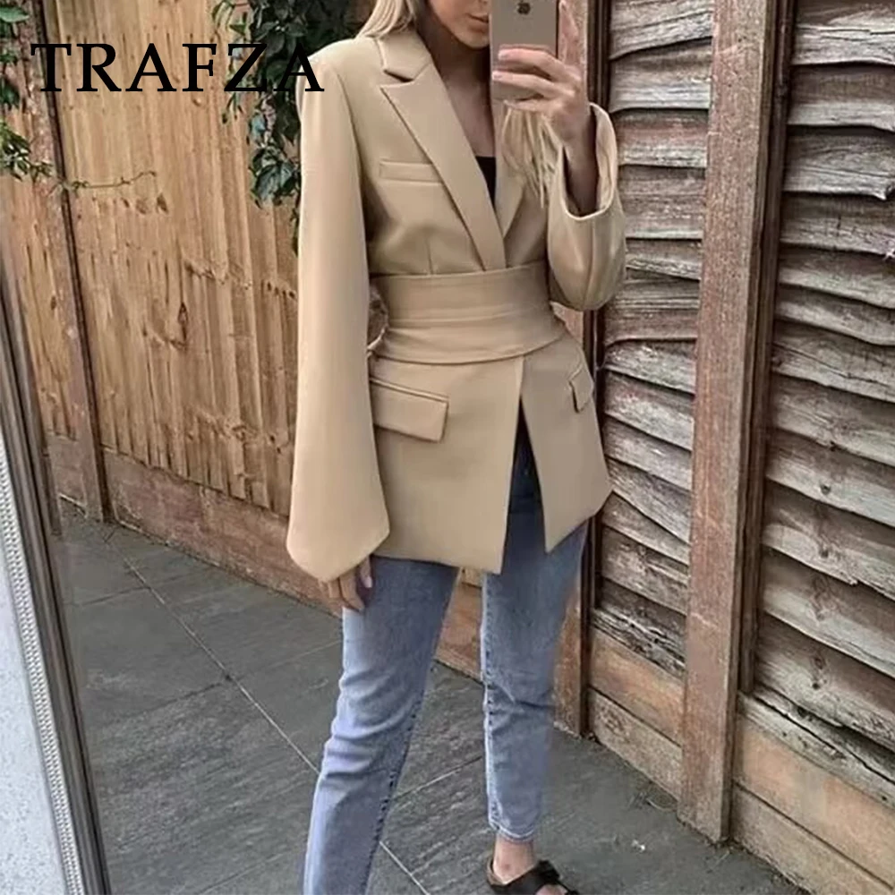 TRAFZA 2024 Spring Women Office Lady Solid Blazer Belt Loose Long Blazer Lapel Oversized Tuck In Blazer Casual Blazer For Women