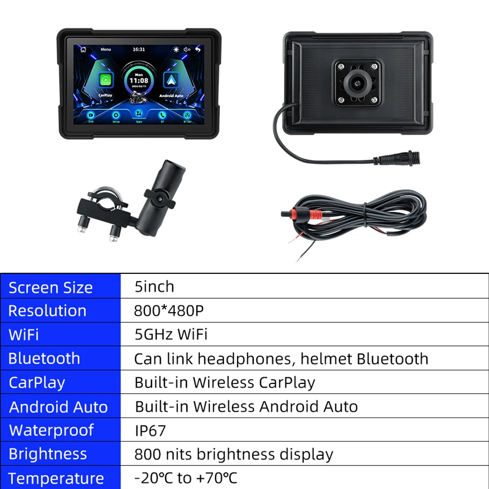 Eyki painel digital portátil para motocicleta, 5 polegadas, tela de navegação gps, sem fio, carplay, moto, android, monitor automático, bt5.0