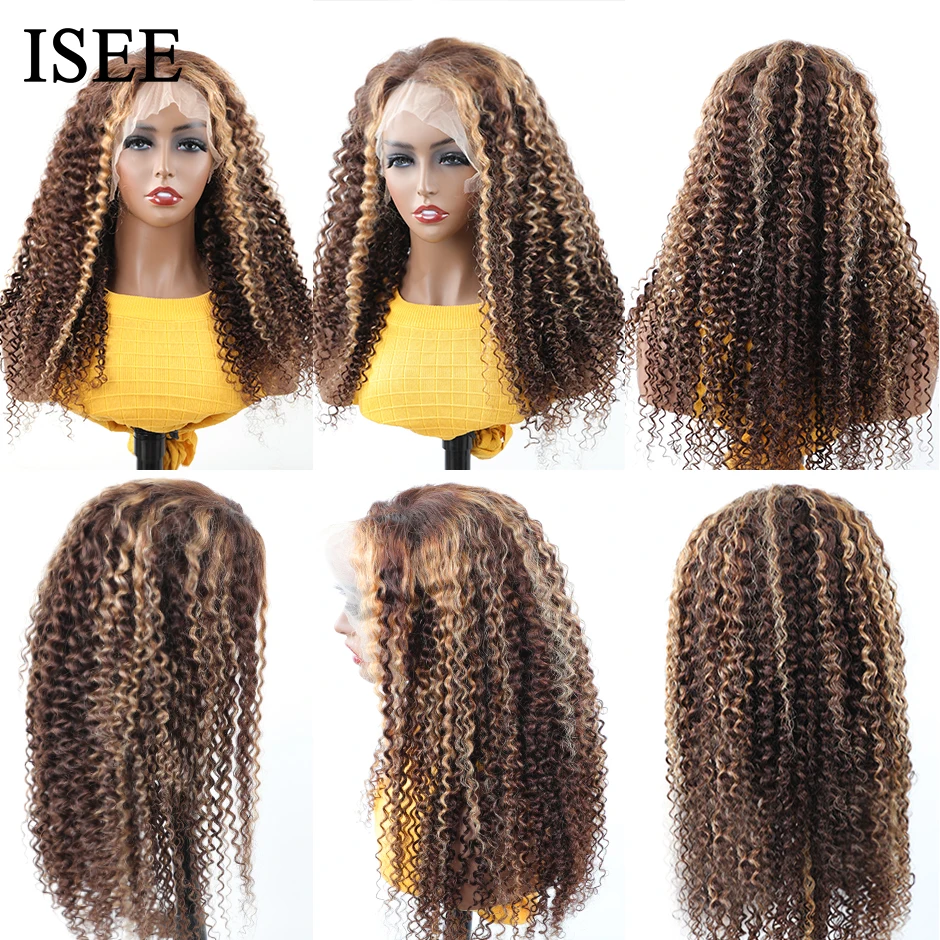 ISEE HAIR Honey Highlight Wig Human Hair Wigs 4/27 Ombre Curly 13x4 Lace Frontal Wigs Peruvian Kinky Curly Lace Closure Wigs