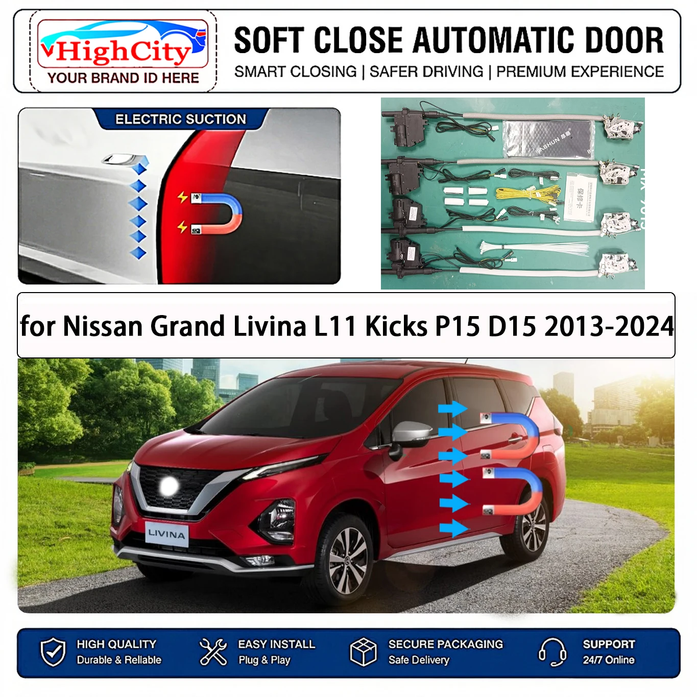 for Nissan Grand Livina L11 Kicks P15 D15 Electric Suction Soft Close Door Kit Smart Anti Pinch Auto Cinch Latch System No Slam