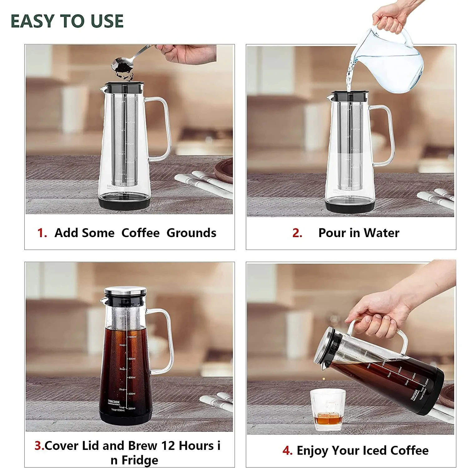 1000/1400ML Glass Cold Brew Coffee Pot with Filter 4-8 Cups Water Bottle Extracted Espresso Coffee Maker Juice Kettle for Home