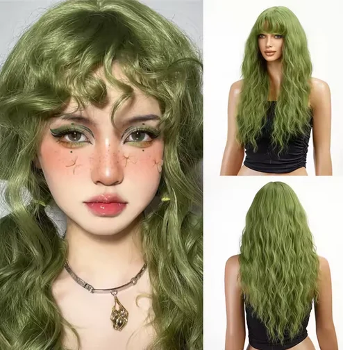 Light Green Curly Synthetic Wigs Long Colorful Wig with Bangs Heat Resistant Fiber for Cosplay Party Women Girls Use