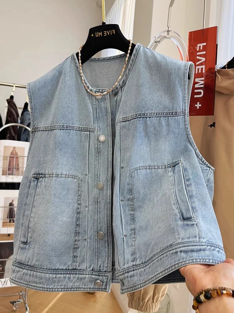 

Retro American Blue Denim Vest Women's Summer Fashionable Sleeveless Shoulder Pad Vest Top Trendy Commute Style round Neck