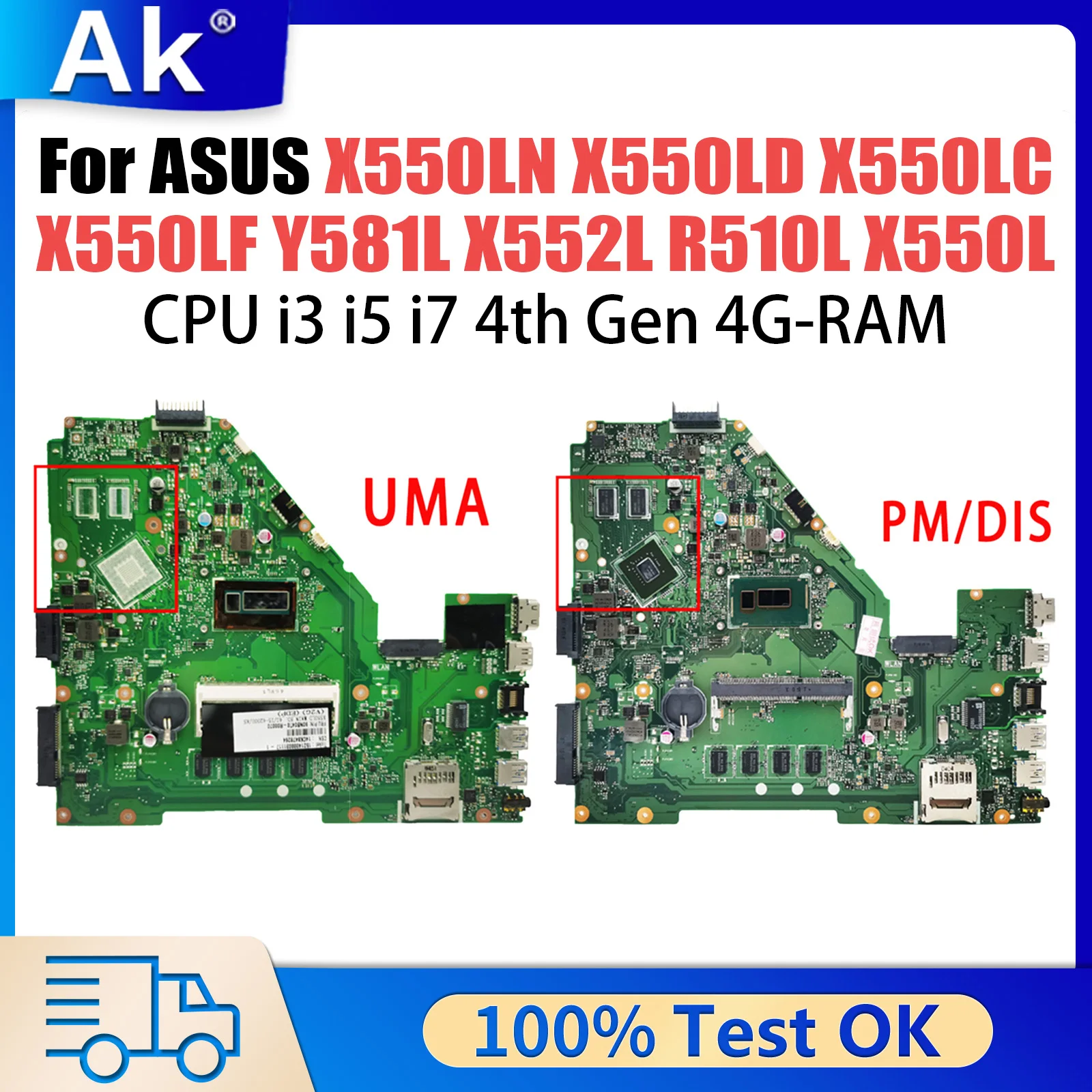 X550LD Mainboard For ASUS X550LN X550LC X550LF Y581L X552L R510L X550L X550LA Laptop Motherboard CPU i3 i5 i7 4th Gen 4G-RAM