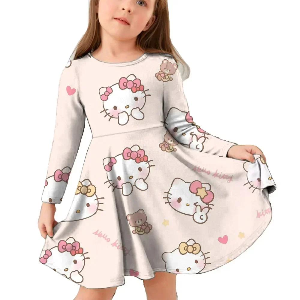

Autumn New Girls Short-Sleeved Dress Hello Kitty 3D Printed Children's Fishtail Skirt Casual Fashion Kuromi Princess Dress ﻿