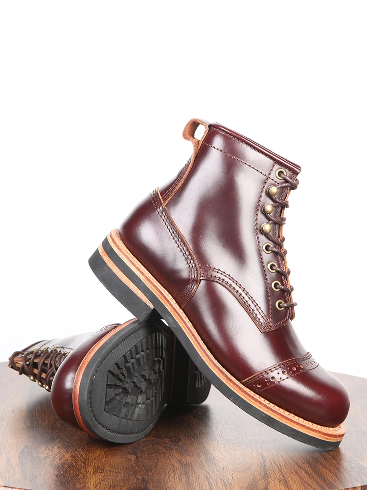 Deep Brown Handmade Casual Outdoor  Boots ort Leather Boots Wear Resistant Rubber Sole round Toe mid Heel Work Boots