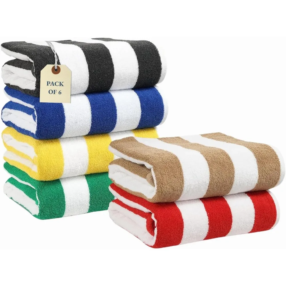 

6 Pack Beach Towels - 100% Cotton Oversized Pool Towels with Bag, Soft & Absorbent (30x60) Beach Essentials for Women