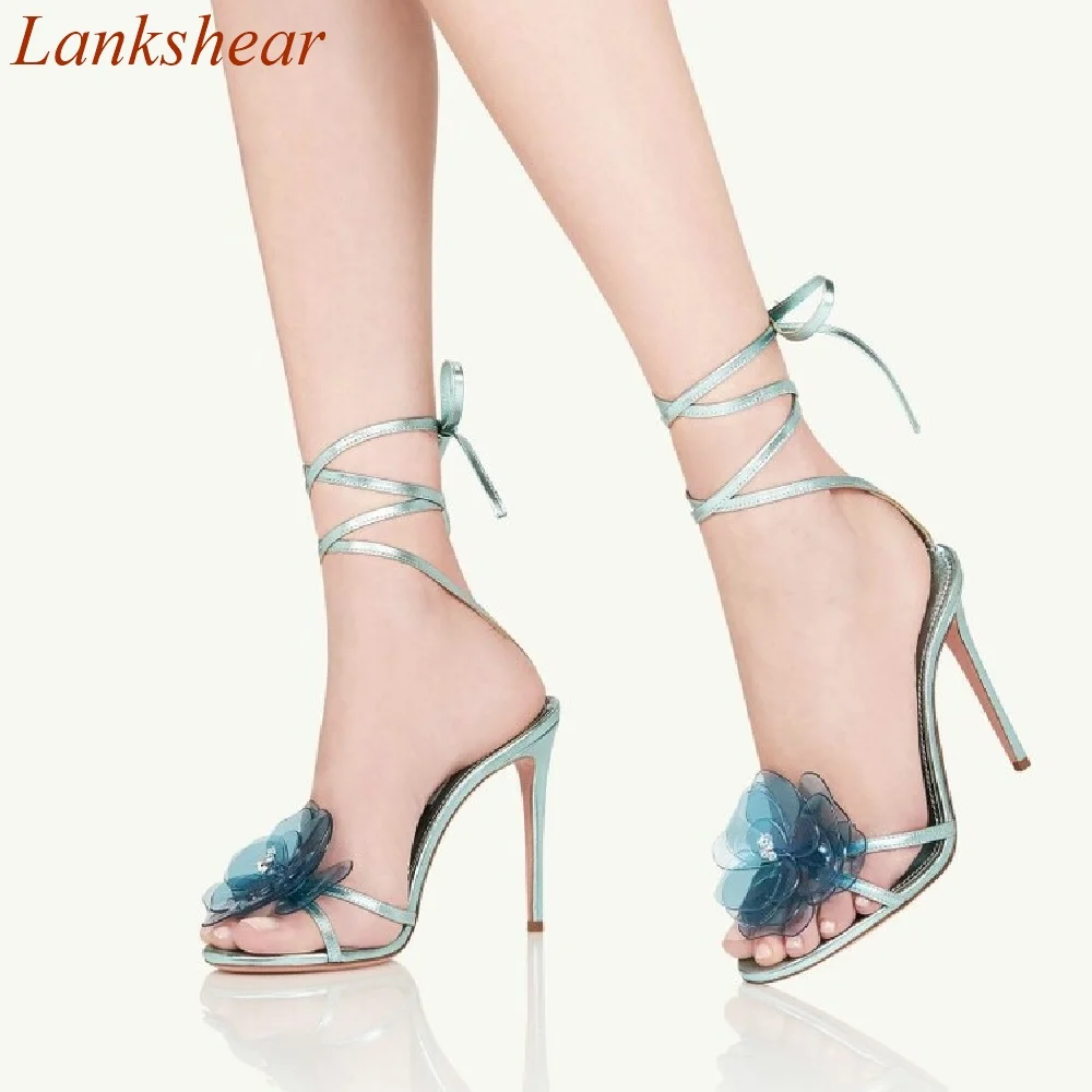 

Round Toe Flower Women Sandals Fashion Stiletto Heels Ankle Strap Lace Up Sexy Party Summer Solid Women Shoes 2024 New Arrivals