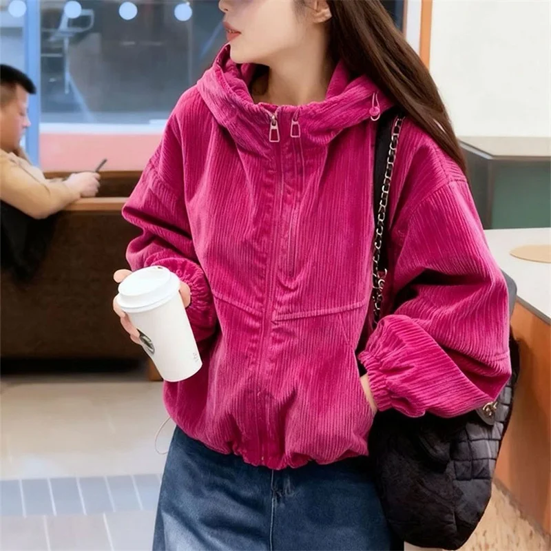Autumn Winter Jacket Women's Coat Unique and Beautiful Korean Casual Added Velvet Blue Rose Red Corduroy Hooded Jacket Outerwear