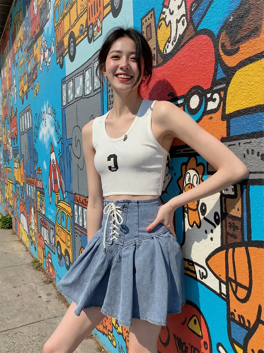 

Pleated Denim Mini Skirts Womens Chiffon Lace Patchwork Layered Ruffle Hem Bohemian Drape Sweet Artistic Feminina Modern