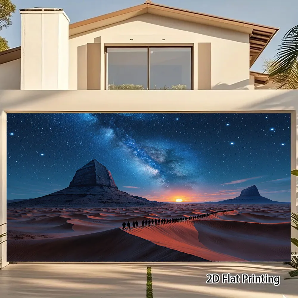 2D Flat, 1pc Large Desert Star Caravan Wall Tapestry - UV Printed Beige & Golden Boho Celestial Night Sky with Camels & Sand Dun